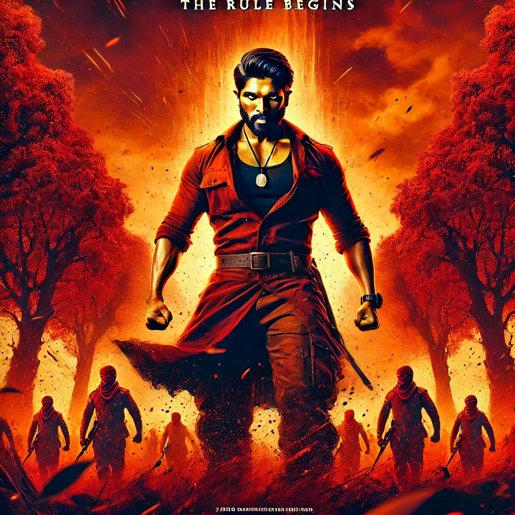 DALL·E 2024-12-01 11.51.54 - A dramatic action-packed scene for the movie _Pushpa 2_ The Rule_. Featuring Allu Arjun as Pushpa Raj, standing strong and defiant with red sandalwood